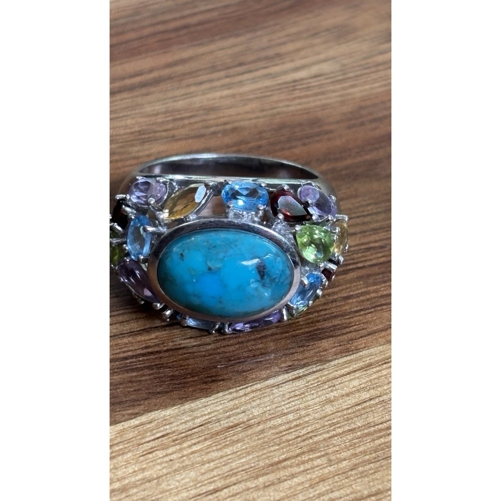 Genuine turquoise  w/Multi Gemstone 925 Sterling Silver Size 10